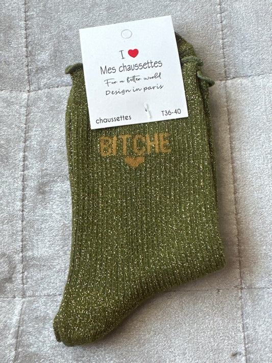 Chaussettes pailletées message « bitche »