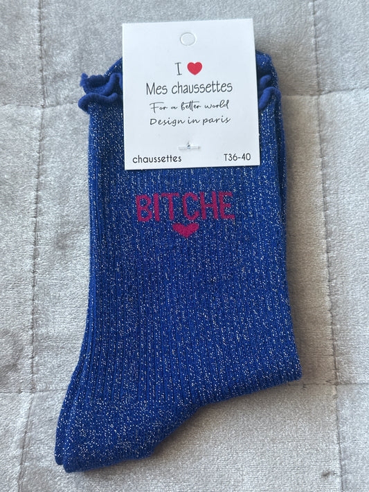Chaussettes pailletées message « bitche »